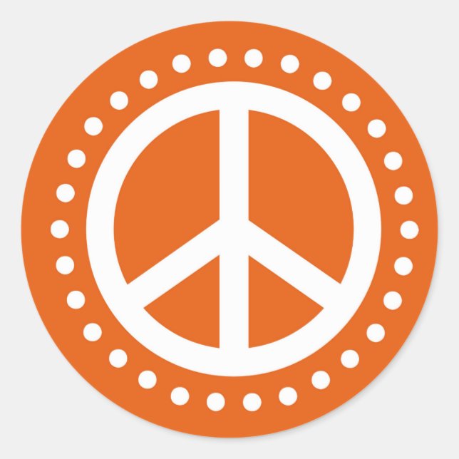 Orange and White Retro Polka Dot Peace Sign Symbol Classic Round Sticker (Front)
