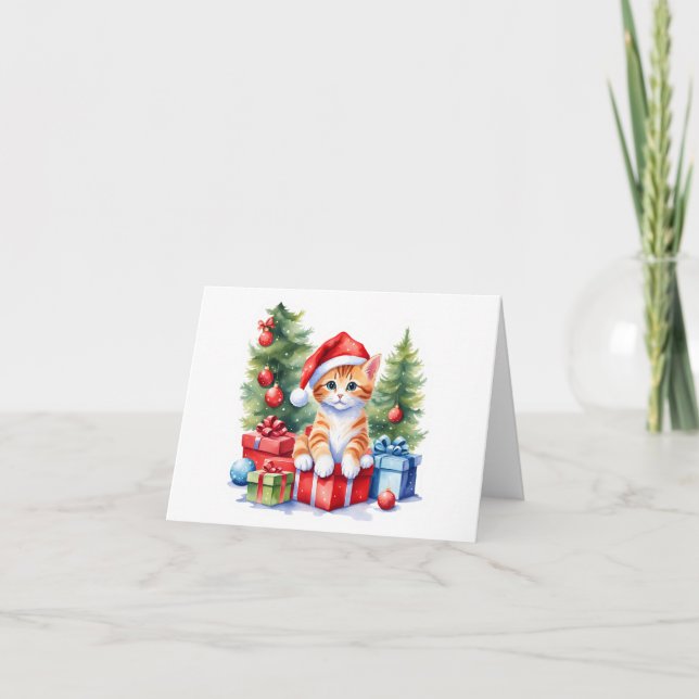 Orange and White Santa Kitten,Lots of Gifts BLANK Holiday Card (Front)