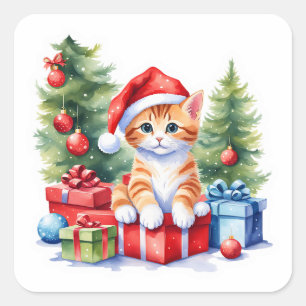 Orange and White Santa Kitten,Lots of Gifts  Square Sticker