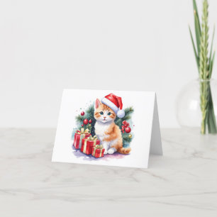 Orange and White Santa Kitten with Presents BLANK  Holiday Card