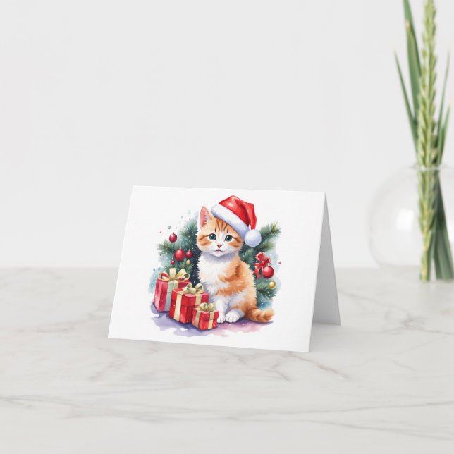 Orange and White Santa Kitten with Presents BLANK  Holiday Card (Front)