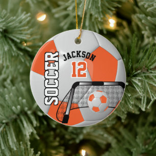 Orange and White Soccer Ball Ceramic Tree Decoration
