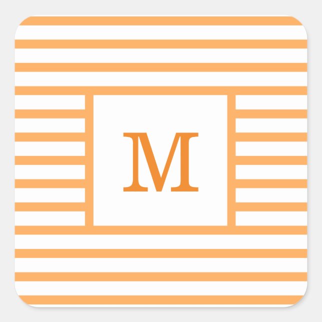 Orange and White Stripes Custom Monogram Square Sticker (Front)