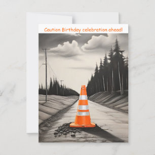 Orange and white traffic cone caustion birthday postcard