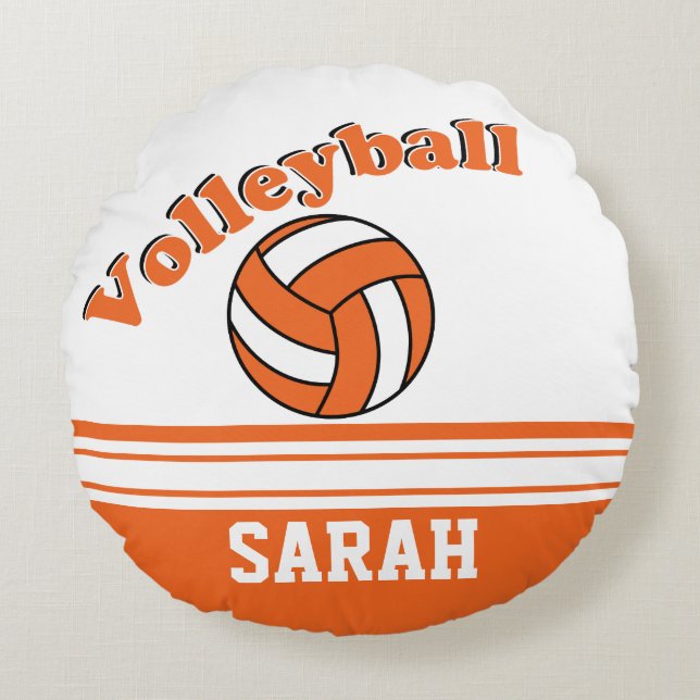 Orange and White Volleyball | Personalise Round Cushion (Front)