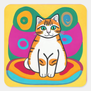 Orange and White Whimsical Cat Art Square Sticker