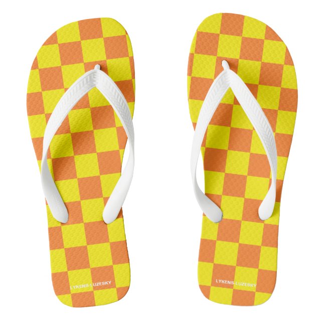 orange and yellow chequered flip flops (Footbed)