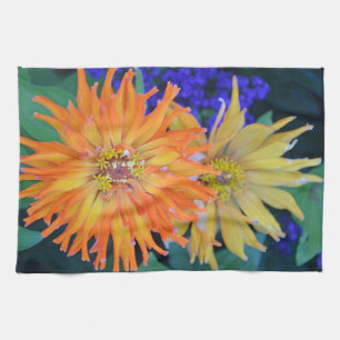Orange and yellow dahlia flowers tea towel