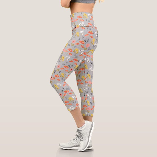 Orange and Yellow Doodle Flowers Capri Leggings (Left)