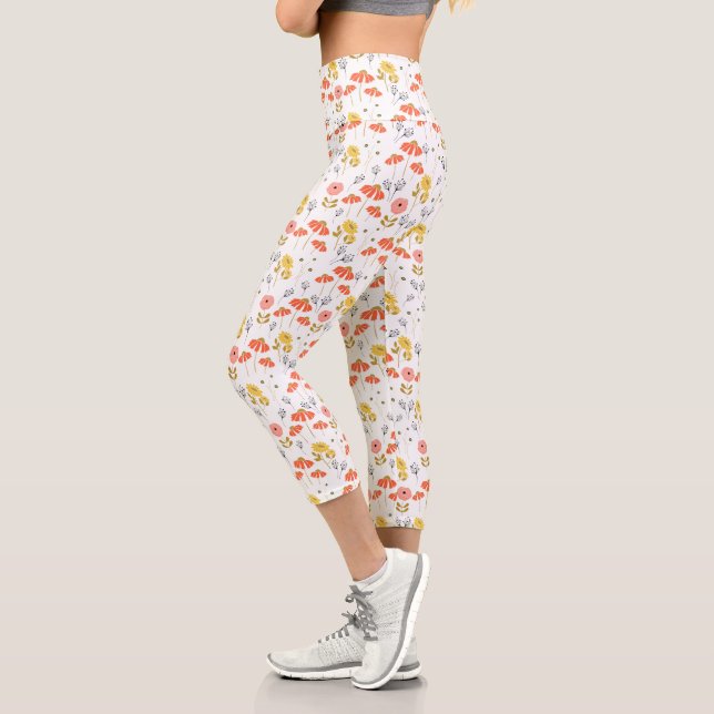 Orange and Yellow Doodle Flowers Capri Leggings (Left)