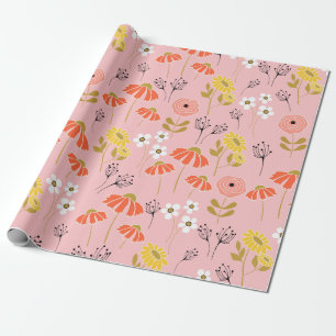 Orange and Yellow Doodle Flowers Wrapping Paper