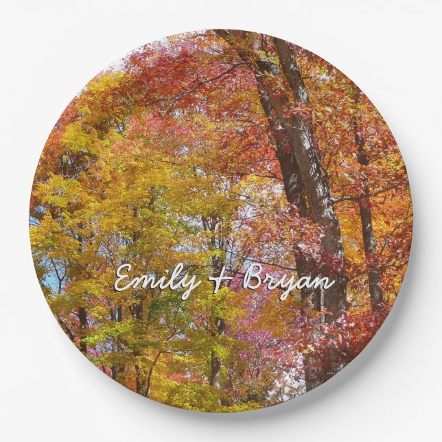 Orange and Yellow Fall Trees Autumn Photography Paper Plate (Front)