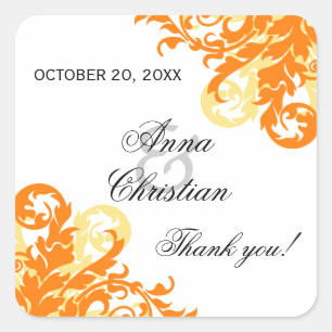 Orange and Yellow Flourish Autumn Wedding Favour Square Sticker