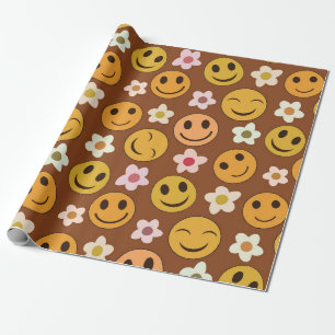 Orange and Yellow Happy Faces with flowers Wrapping Paper