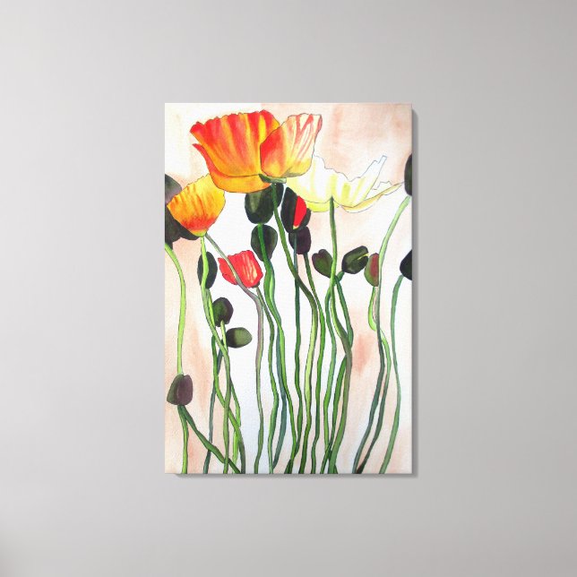Orange and Yellow poppies watercolour flower art Canvas Print (Front)