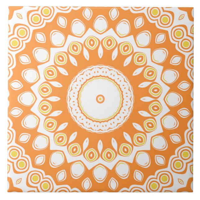 Orange and Yellow Radiant Mandala Pattern Tile (Front)