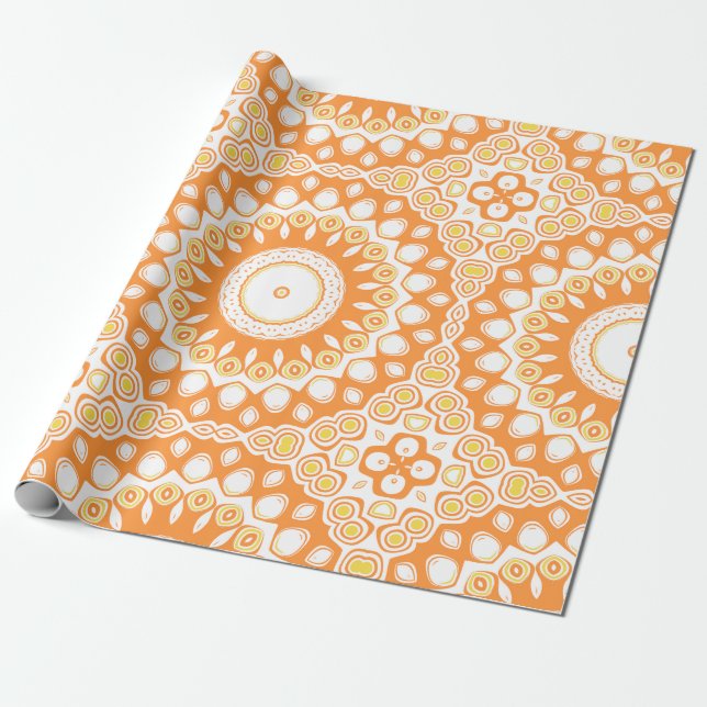 Orange and Yellow Radiant Mandala Pattern Wrapping Paper (Unrolled)
