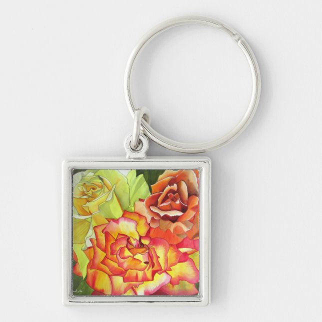 Orange and Yellow roses watercolor art Key Ring (Front)