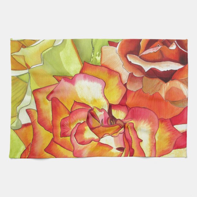 Orange and Yellow roses watercolor art Tea Towel (Horizontal)