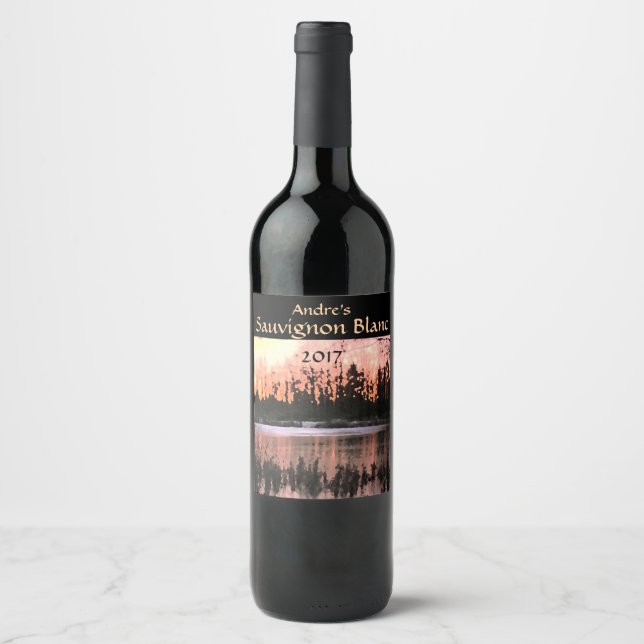 Orange and Yellow Sunset Pond Wine Label (Front)