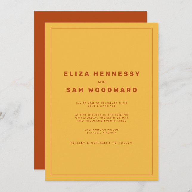 Orange and Yellow Wes Anderson Inspired Wedding Invitation (Front/Back)