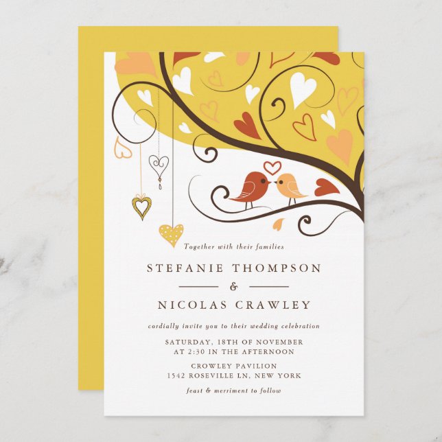 Orange and Yellow Whimsical Lovebirds Wedding Invitation (Front/Back)