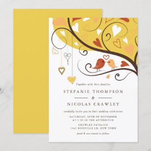 Orange and Yellow Whimsical Lovebirds Wedding Invitation