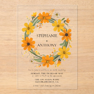 Orange and Yellow Wild Flowers Wreath Wedding Acrylic Invitations
