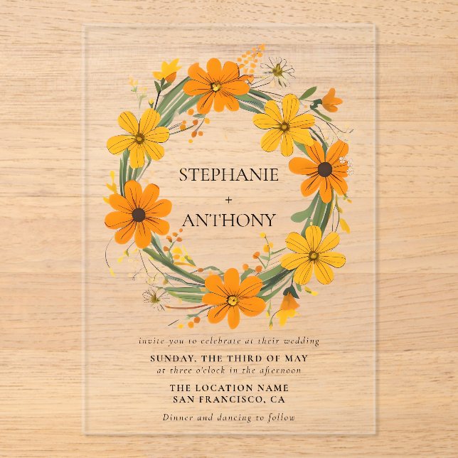 Orange and Yellow Wild Flowers Wreath Wedding Acrylic Invitations (Front)