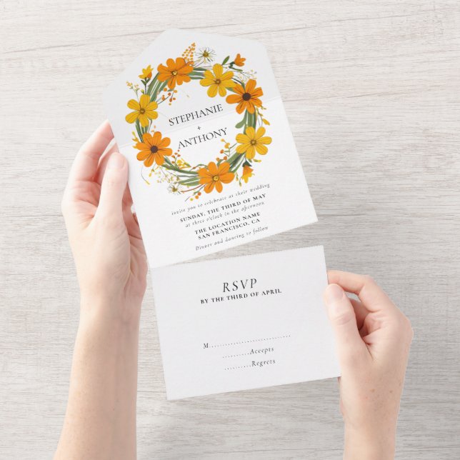 Orange and Yellow Wild Flowers Wreath Wedding All In One Invitation (Tearaway)