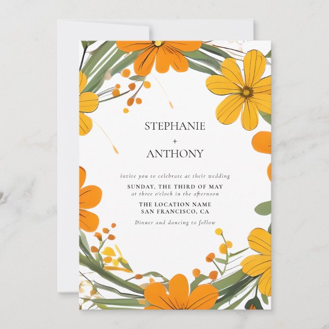 Orange and Yellow Wild Flowers Wreath Wedding Invitation (Front)