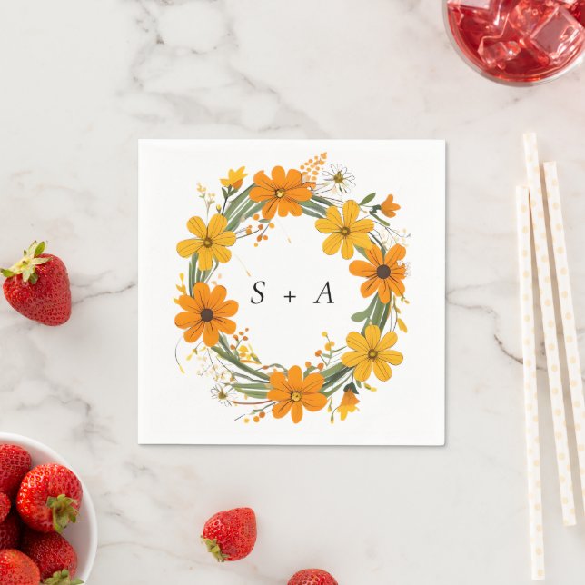 Orange and Yellow Wild Flowers Wreath Wedding Napkin (Insitu)