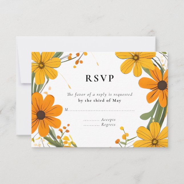 Orange and Yellow Wild Flowers Wreath Wedding RSVP Card (Front)