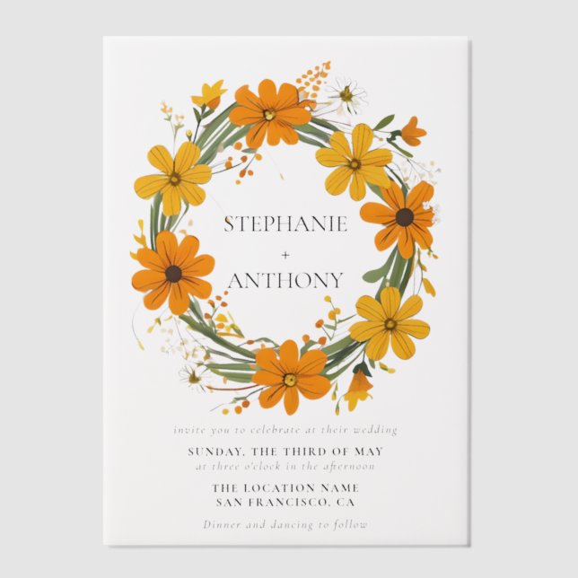 Orange and Yellow Wild Flowers Wreath Wedding Vellum Invitations (Front)