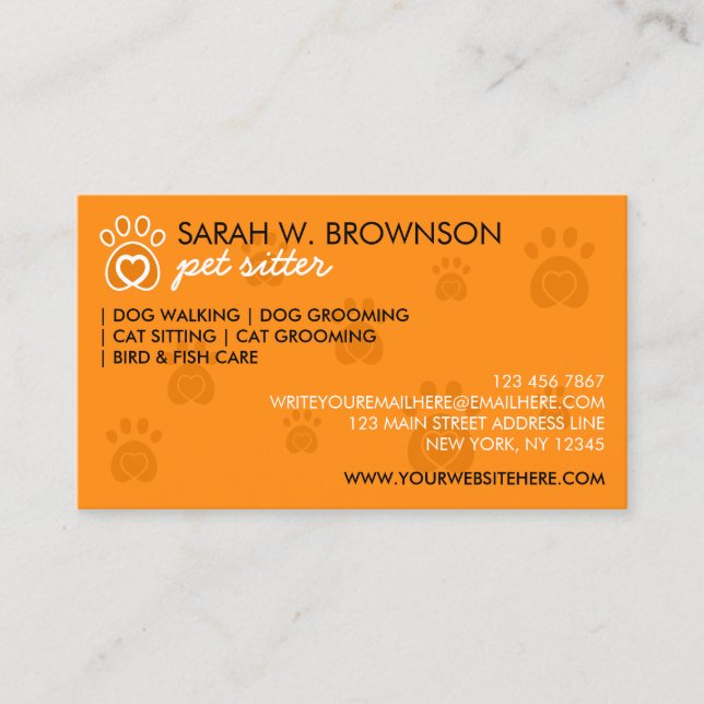 Orange Animal Heart in Pet Paw Business Card (Front)