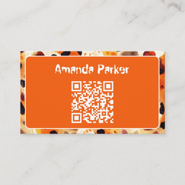 Orange animal print QR code business card (Front)