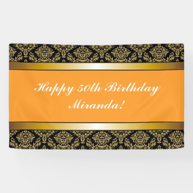 Orange Any Age Gold Elegant Birthday Banner (Horizontal)