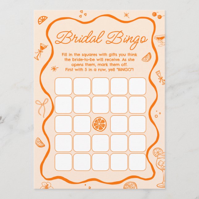 Orange Aperol Spritz Bridal Shower Bingo Game Card (Front)
