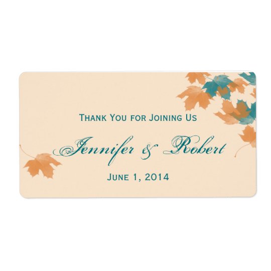 Orange Aqua Autumn Maple Leaf Water Bottle Label Shipping Label
