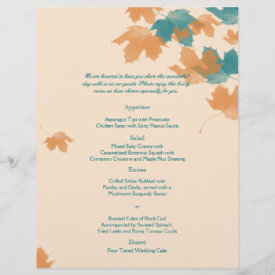 Orange Aqua Autumn Maple Leaf Wedding Menu