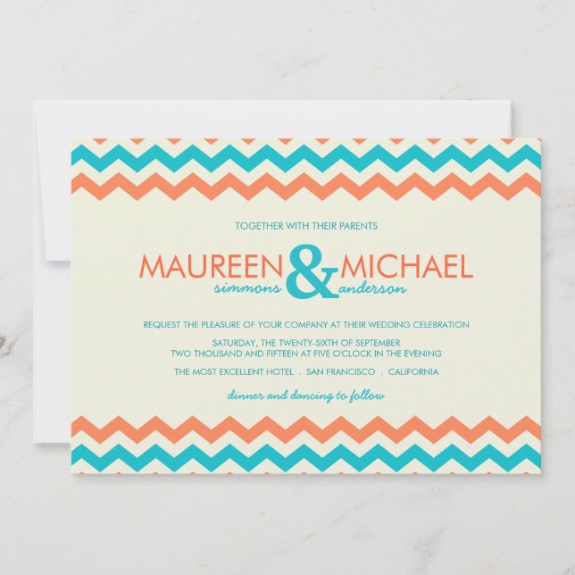 Orange & Aqua Chevron ZigZag Wedding Invitations (Front)