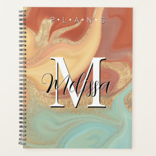 Orange Aqua Gold Modern Monogram Abstract Planner