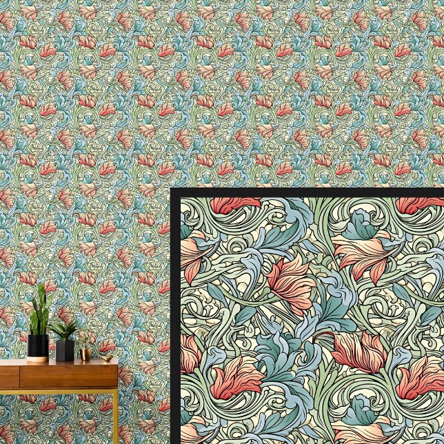 Orange Aqua Teal Blue Art Nouveau Wallpaper (Creator Uploaded)