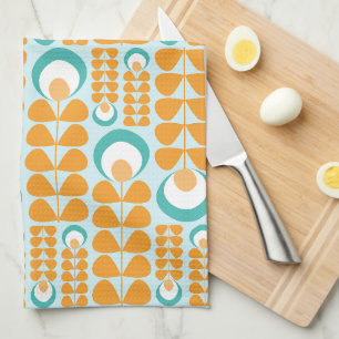 Orange, Aqua, Teal Mid Mod Flowers Pattern Tea Towel