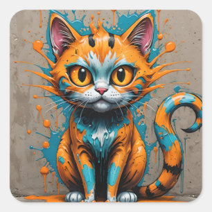 Orange Aqua/Teal Splatter Cat Square Sticker