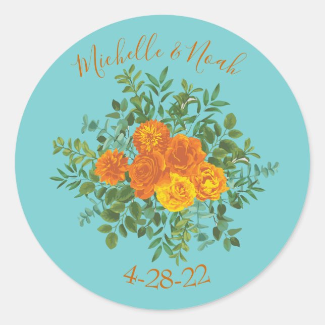 Orange & Aqua Wedding Modern Floral Classic Round Sticker (Front)