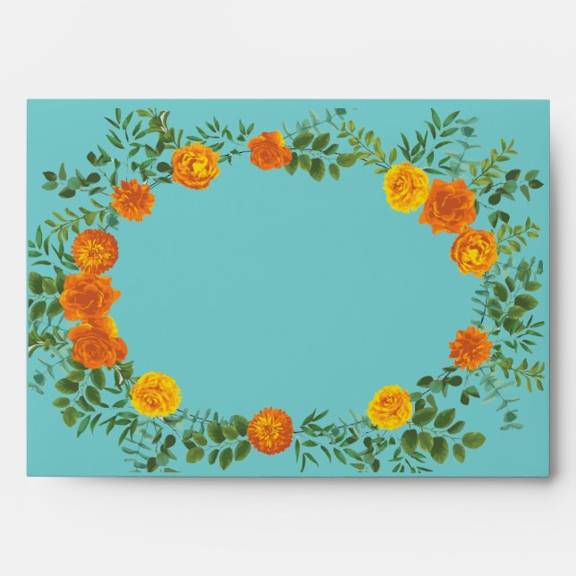 Orange & Aqua Wedding Modern Floral Envelope (Front)