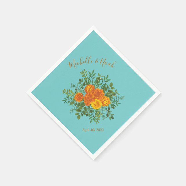 Orange & Aqua Wedding Modern Floral Napkin (Corner)