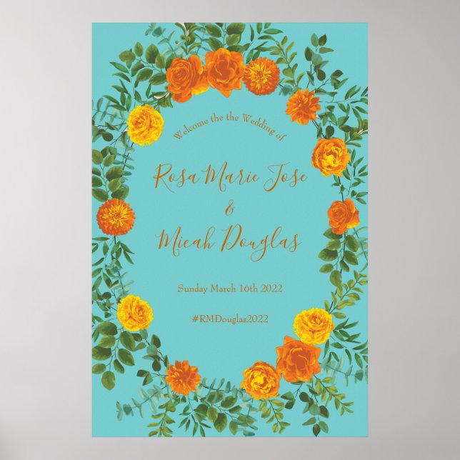 Orange & Aqua Wedding Modern Floral Poster (Front)