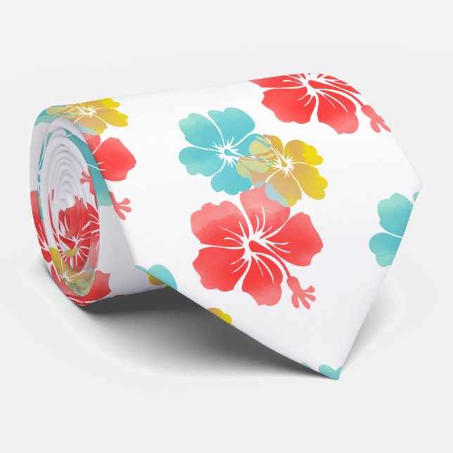 Orange/Aqua/Yellow Hibiscus/Hawaiian Floral Tie (Rolled)